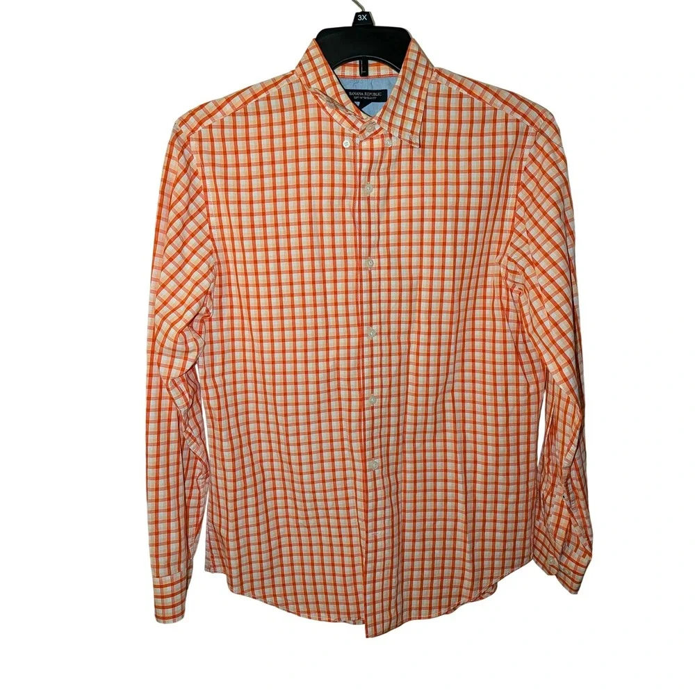 Banana Republic Mens Soft Wash Slim Fit Orange Gingham Check Button Down Shirt M